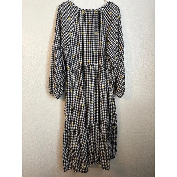 Old Navy Gingham Floral Embroidered Tiered Midi Dress Black White Yellow size XL - Picture 8 of 10
